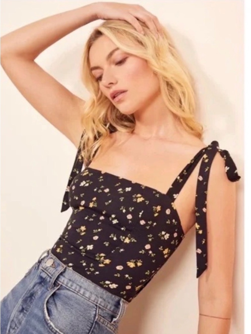 Reformation Black Floral Tie-Shoulder Camisole